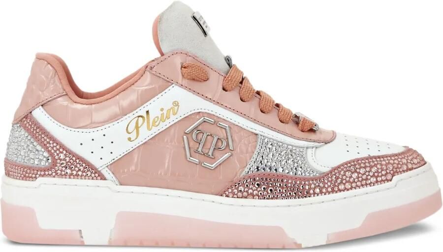 Philipp Plein Leren sneakers met krokodillen-reliëf en kristallen Roze