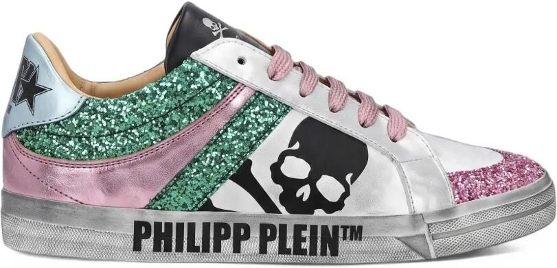 Philipp Plein Low-top sneakers van nappaleer met glitter doodskop Zilver