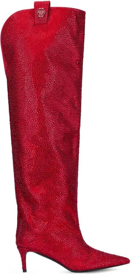 Philipp Plein Overknee laarzen met lage hak en gemengde stras Rood