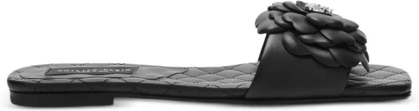 Philipp Plein Platte leren slippers met bloem Zwart