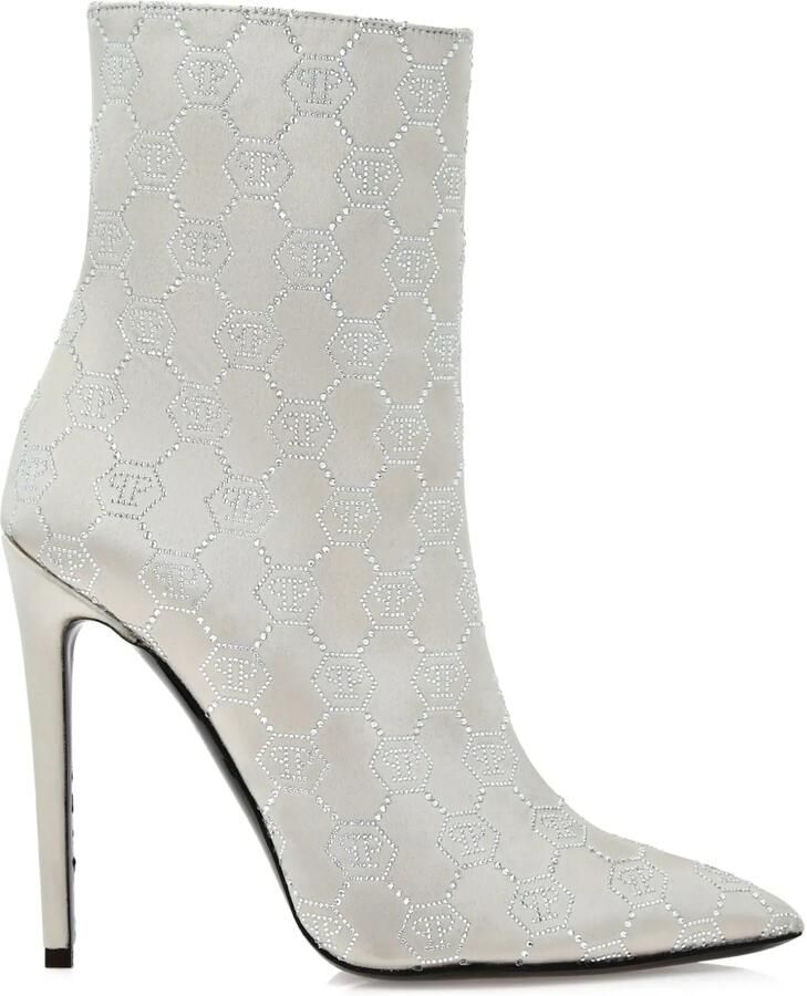 Philipp Plein Satijnen laarzen met 120 mm monogram Beige