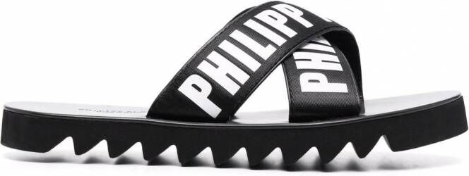 Philipp Plein TM Gummy leren slippers Zwart