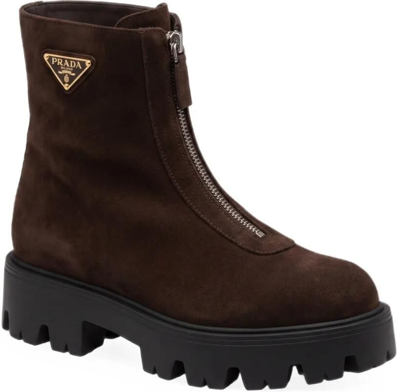 Prada Emaille enkellaarzen met rits Bruin