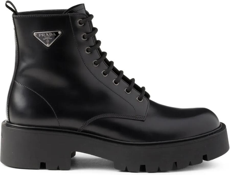 Prada Leren combat boots met logoplakkaat Zwart