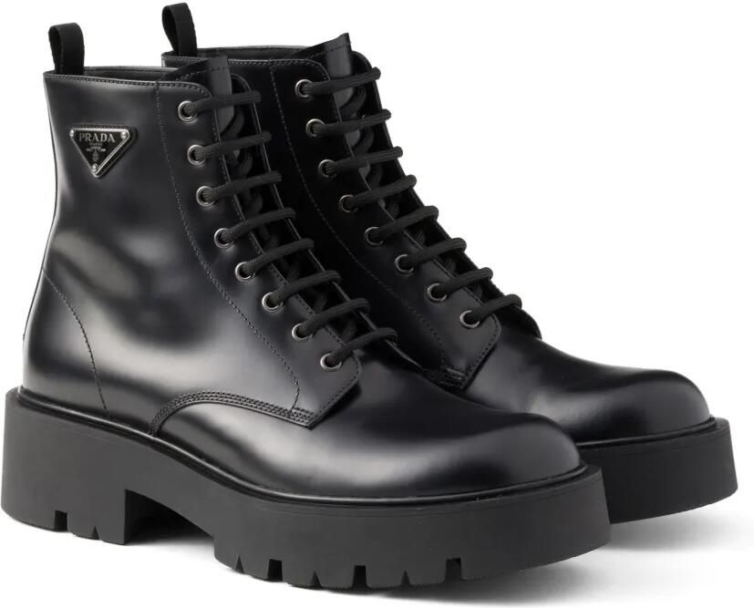 Prada Leren combat boots met logoplakkaat Zwart - Foto 4