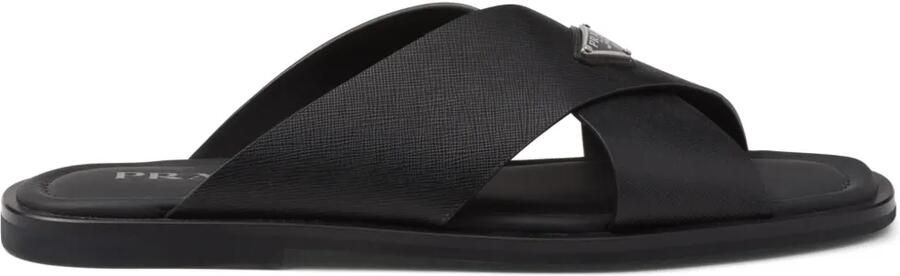 Prada Leren gekruiste sandalen met logo Zwart