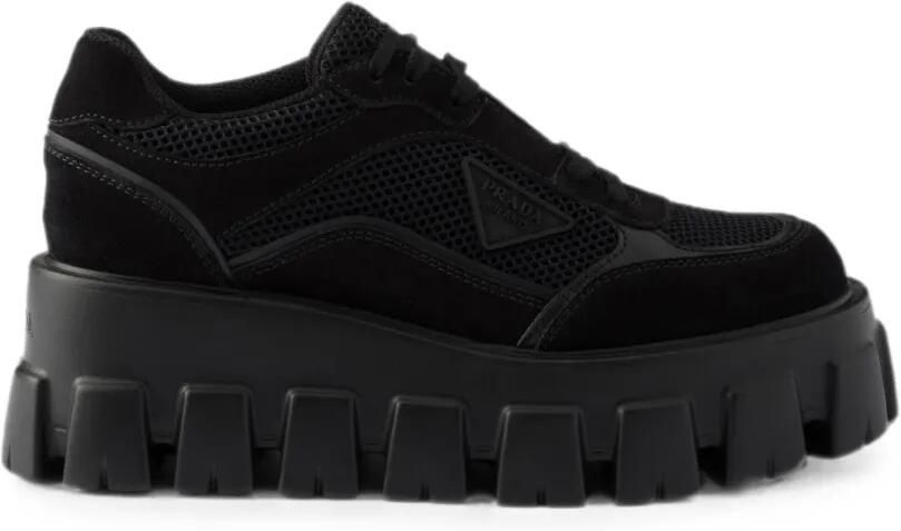 Prada Monolith suède en mesh sneakers Zwart