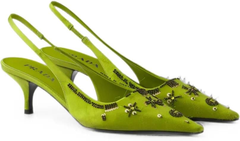 Prada Satijnen slingback pumps met borduurwerk Groen - Foto 4