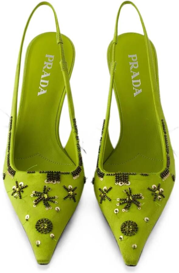 Prada Satijnen slingback pumps met borduurwerk Groen - Foto 3