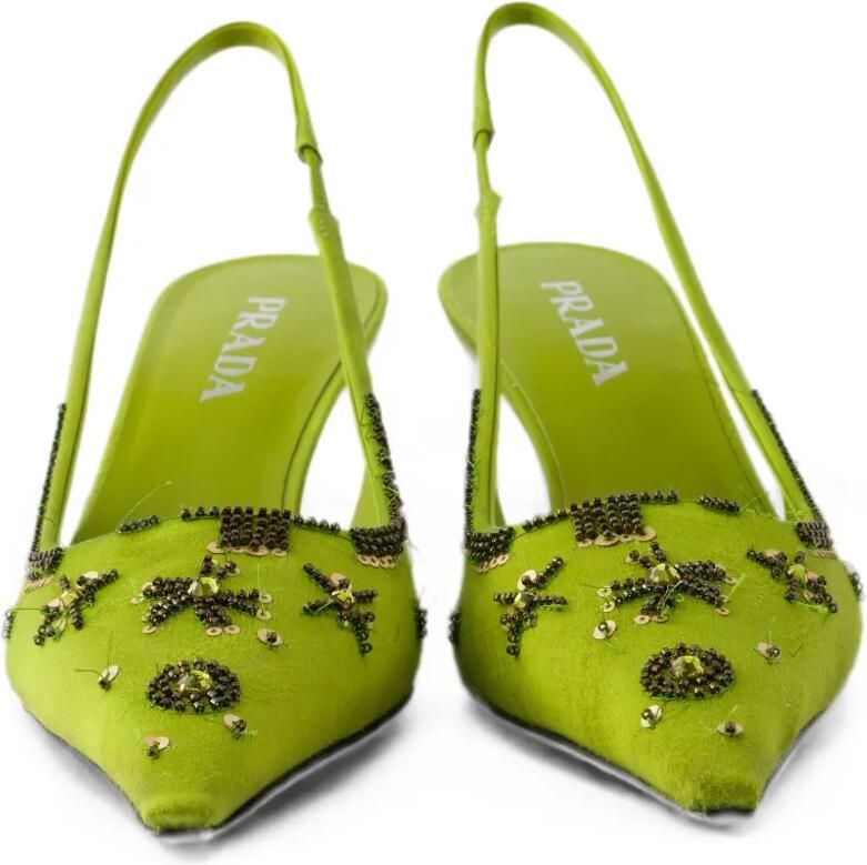 Prada Satijnen slingback pumps met borduurwerk Groen - Foto 2