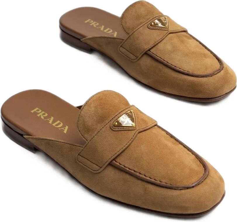 Prada Suède muiltjes met logoplakkaat Beige - Foto 2