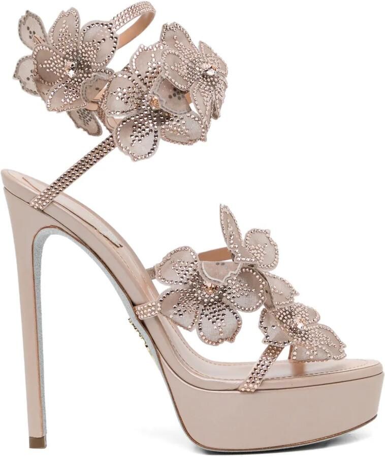 René Caovilla 130 mm sandalen verfraaid met kristallen en bloemen Beige