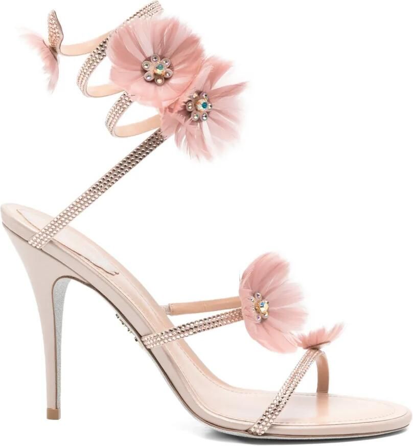 René Caovilla Jolene sandalen met bloemenprint en hak Beige