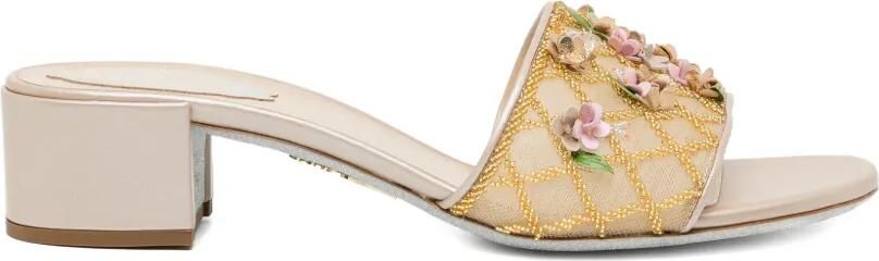 René Caovilla Sandalen met bloemenpatch en hak Beige