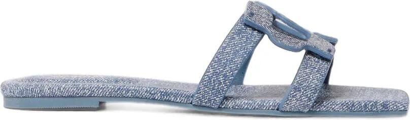 SIMKHAI Leren sandalen met denim-print en monogram Blauw
