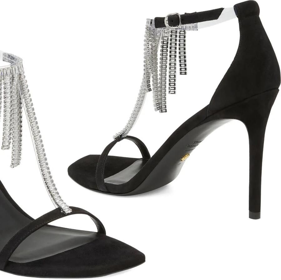Stuart Weitzman 100 mm Nudistcurve Superglam sandalen met franje met kristallen Zwart