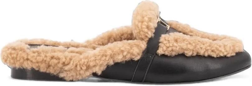 TORAL SHOES Daphne leren slippers met lammy afwerking Zwart
