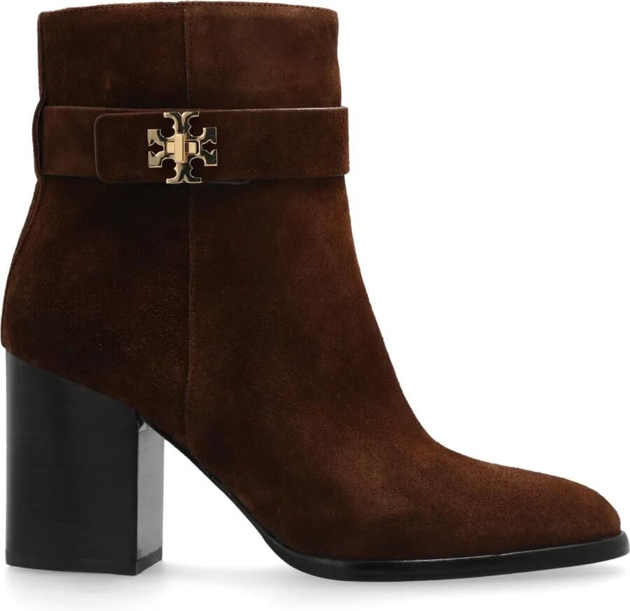 Tory Burch 90 mm suède enkellaarzen met logoplakkaat Bruin