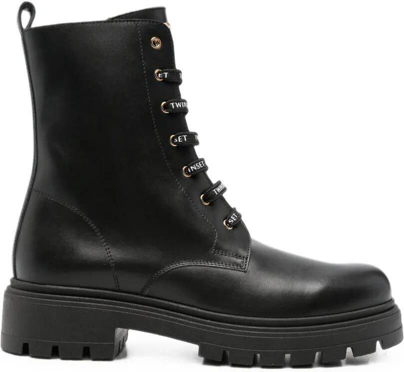 TWINSET Kids Leren combat boots met logo Zwart