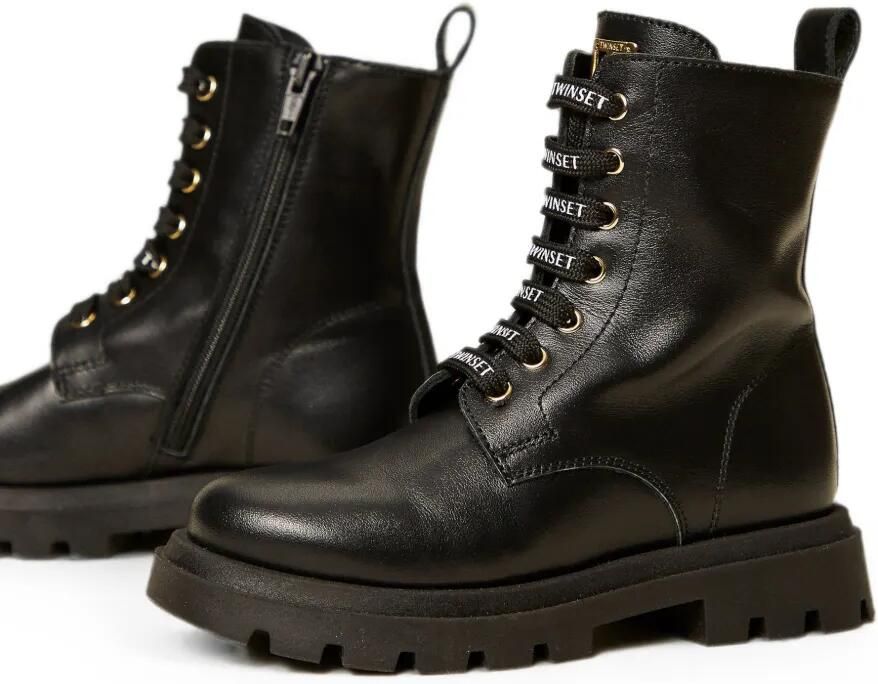 TWINSET Kids Leren combat boots met logo Zwart - Foto 3