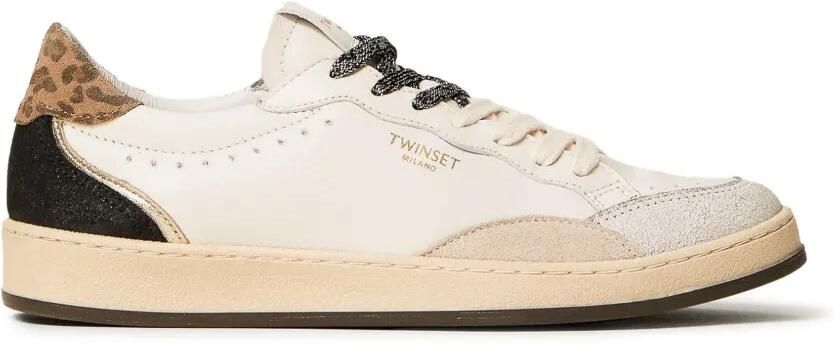 TWINSET Leren sneakers met logo en gelakte inzetstukken Beige