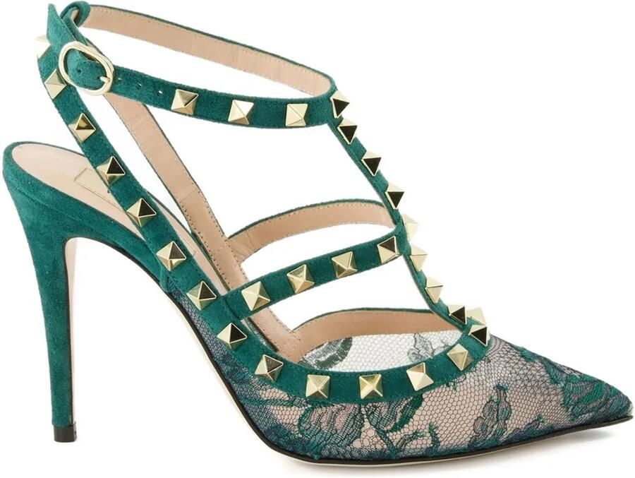 Valentino Garavani 100 mm Rockstud pumps met kant Groen