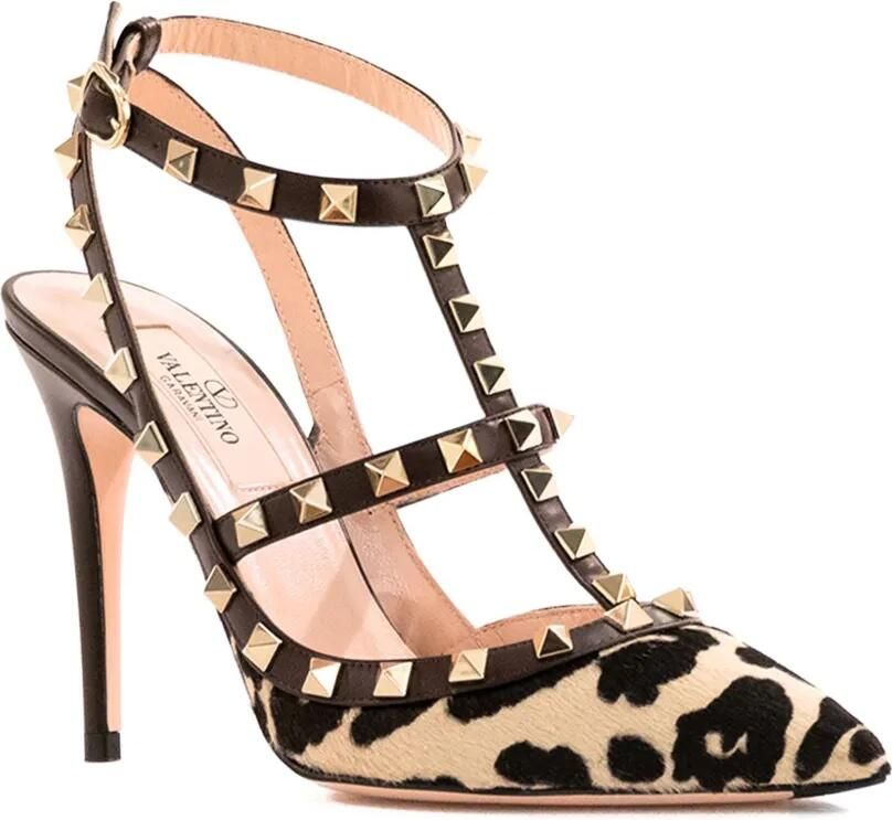 Valentino Garavani Rockstud kalfsleren pumps met bandjes en ponyhaar Beige - Foto 2