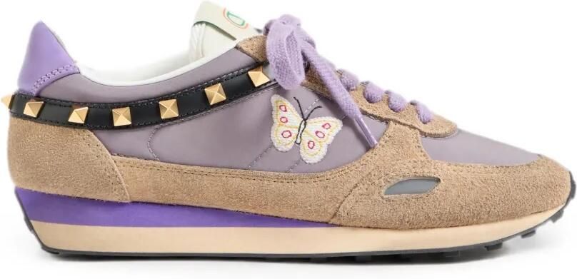 Valentino Garavani Sneakers van leer en nylon met geborduurde vlinder Paars