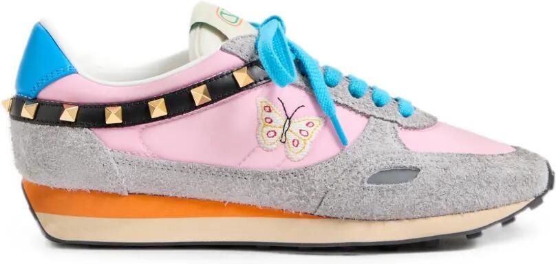Valentino Garavani Sneakers van leer en nylon met geborduurde vlinder Roze
