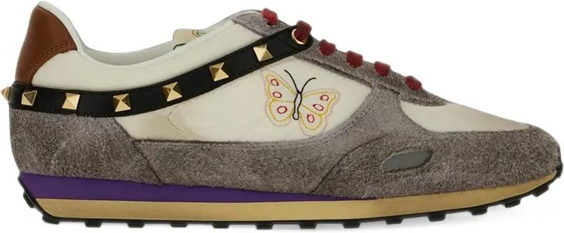 Valentino Garavani Stud Up sneakers in split leather and nylon with butterfly embroidery Beige