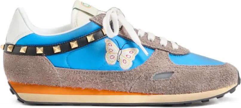 Valentino Garavani Stud Up sneakers van gespleten leer en nylon met geborduurde vlinder Blauw