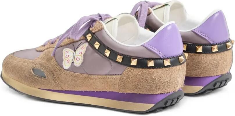 Valentino Garavani Stud Up sneakers van gespleten leer en nylon met geborduurde vlinder Paars