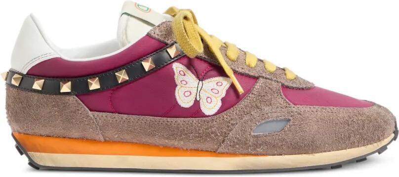 Valentino Garavani Stud Up sneakers van gespleten leer en nylon met geborduurde vlinder Paars