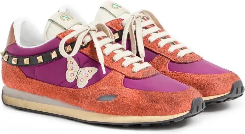 Valentino Garavani Stud Up sneakers van gespleten leer en nylon met geborduurde vlinder Oranje - Foto 4