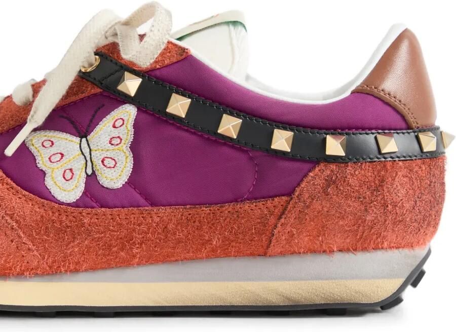 Valentino Garavani Stud Up sneakers van gespleten leer en nylon met geborduurde vlinder Oranje - Foto 3