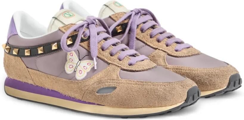 Valentino Garavani Stud Up sneakers van gespleten leer en nylon met geborduurde vlinder Paars - Foto 4