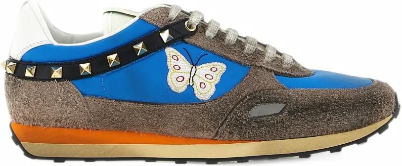 Valentino Garavani Stud Up trainers in split leather and nylon with butterfly embroidery Blauw