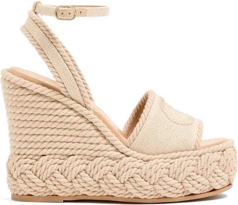 Valentino Garavani VLogo canvas linnen sandalen met sleehak Beige