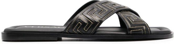 Versace Greca leren slippers Zwart