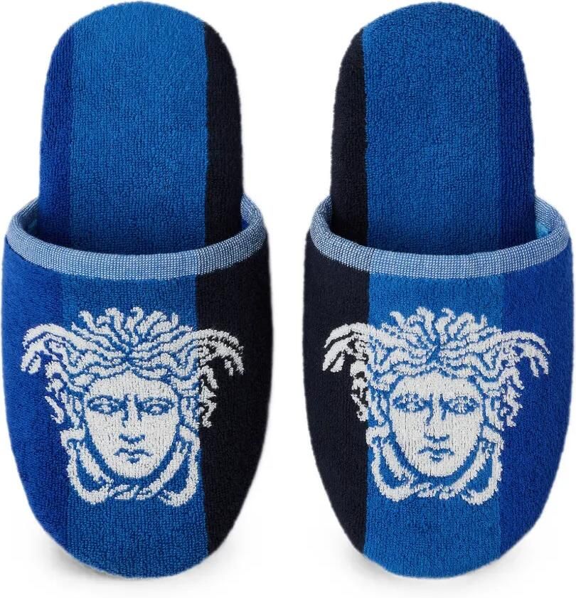 Versace Home Gestreepte katoenen badstof jacquard slippers Blauw - Foto 2