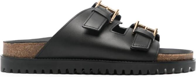 Versace Leren slippers met gegraveerd logo Zwart