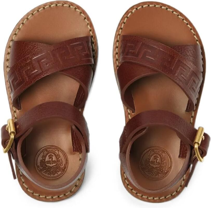 Versace Kids Kalfsleren sandalen met Greca-reliëf Bruin