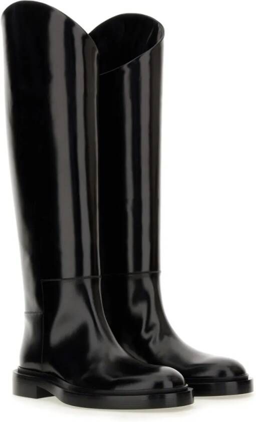 Jil Sander Boots Glossy High-Shaft Leather Boots in zwart