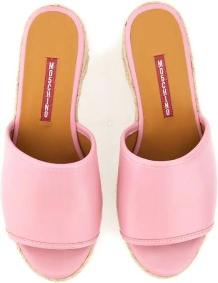 Moschino Sandalen Pink Leather Sandal With Jute-Wrapped Platform in roze