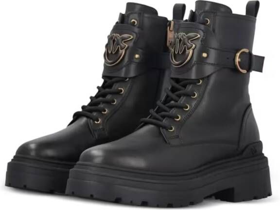 pinko Boots Chunky Platform Black Leather Boots With Decorativ in zwart
