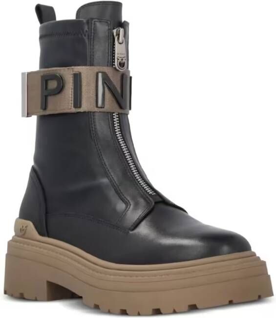 pinko Boots Chunky Sole Black Leather Boots in zwart