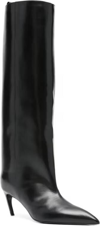 The Attico Boots Knee-High Black Leather Boots With Pointed Toe in zwart