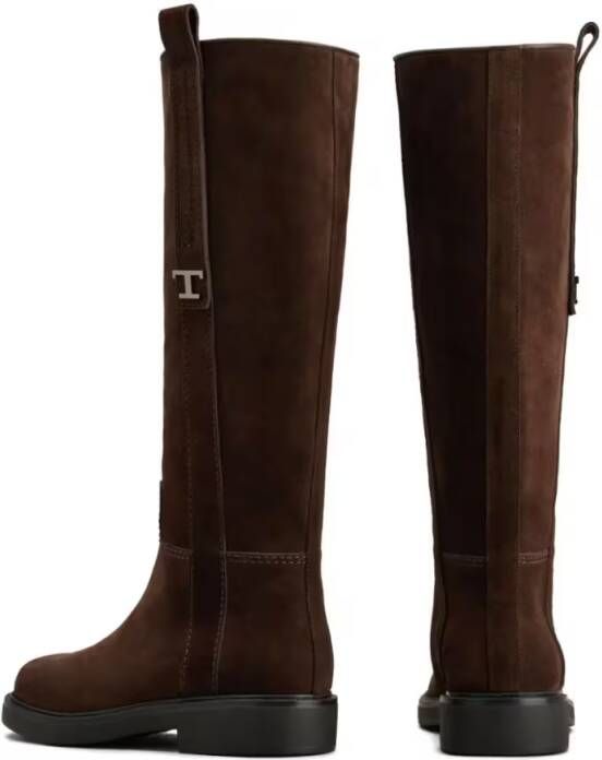 TOD'S Boots Long Brown Leather Boots With Strap Detail in bruin