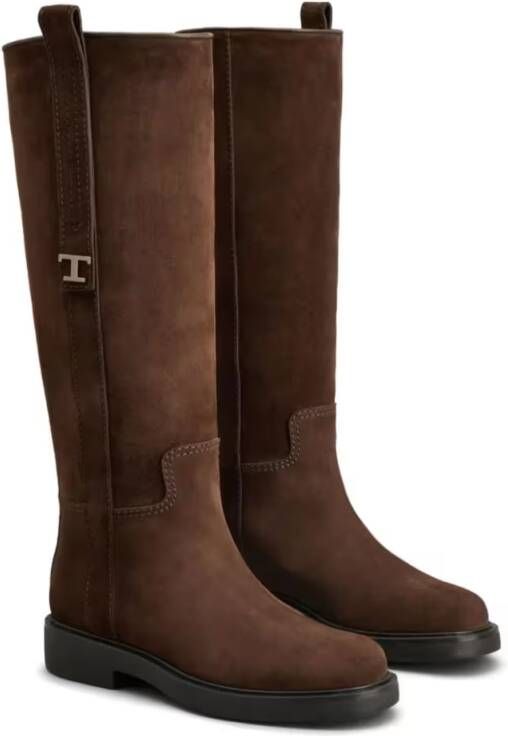 TOD'S Boots Long Brown Leather Boots With Strap Detail in bruin