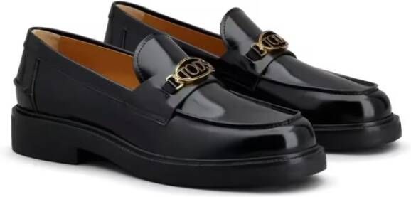 TOD'S Glossy Black Leather Loafers With Decorative Emble in zwart